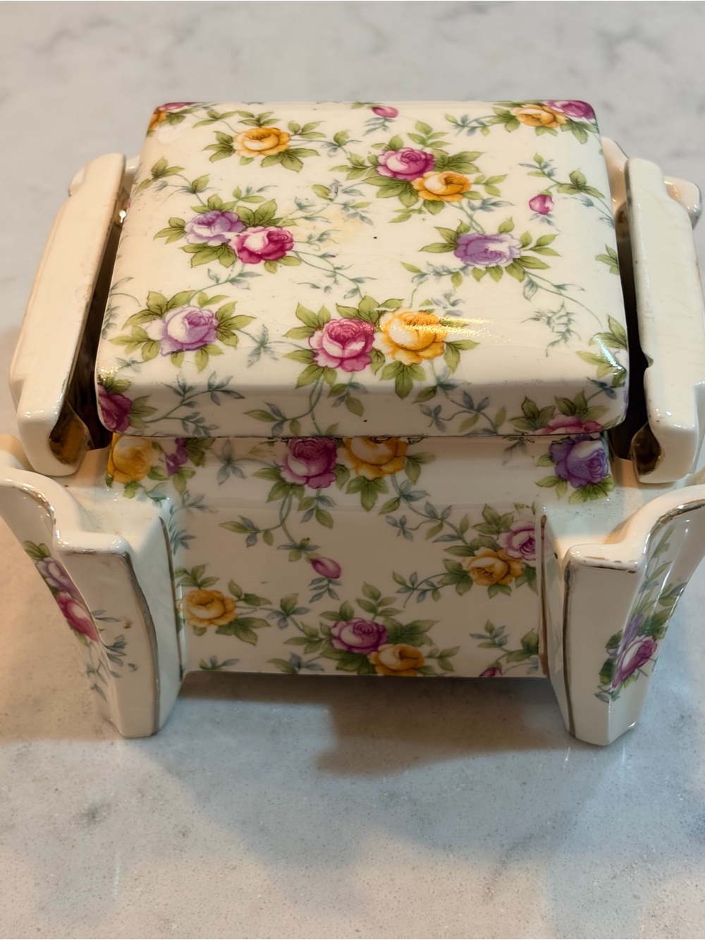 Antique Japan Hotta Yu Shoten Art trinket box ashtray chopstick rest floral
